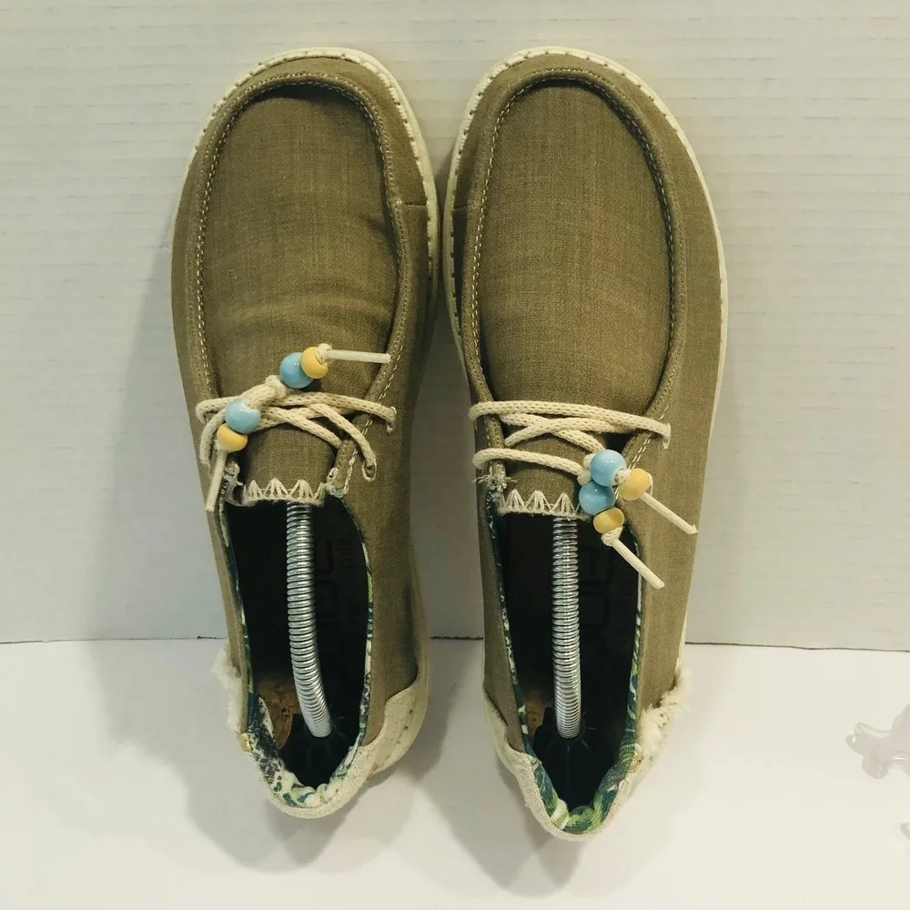 Hey Dude Wendy Rosemary Boho Earthy Canvas Loafers Shoes Beaded Fringe  Womens 8